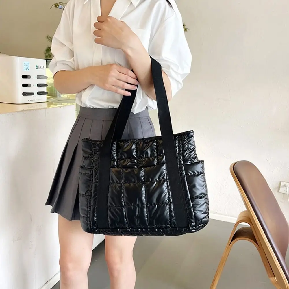 

Korean Style Down Cotton Shoulder Bag Checkered Solid Color Cotton-padded Tote Bag Lightweight Space Cotton Puffy Bag Lady