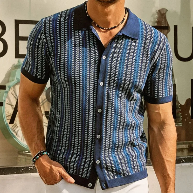 

Summer Men's Short Sleeve Knitwear Fashion Business Casual Slim Fit Striped Jacquard Knitted Polo Shirt