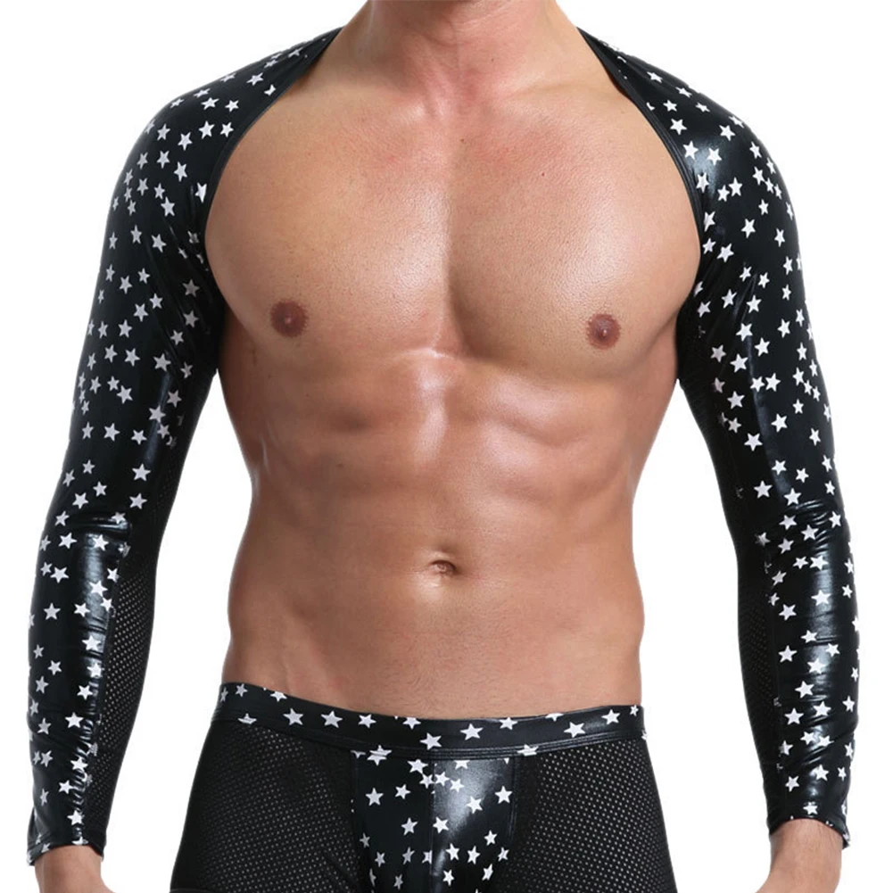 

Мужские футболки из искусственной кожи, мужское бодибилдинг, сексуальные сетчатые звезды, брикет с длинными рукавами, жилет для бодибилдинга