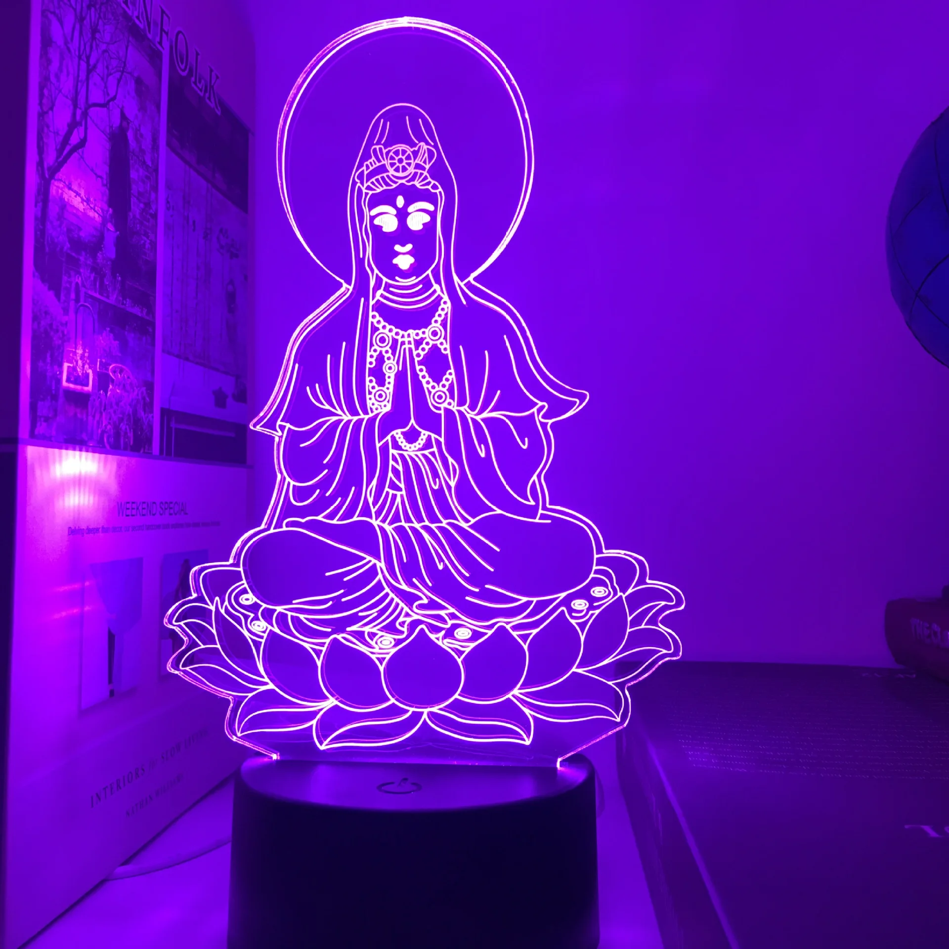 Creative Buddha Statue 3D Night Light Colorful USB Charger Battery Remote Control Table Lamp Led Gift for Buddhist Room Decor