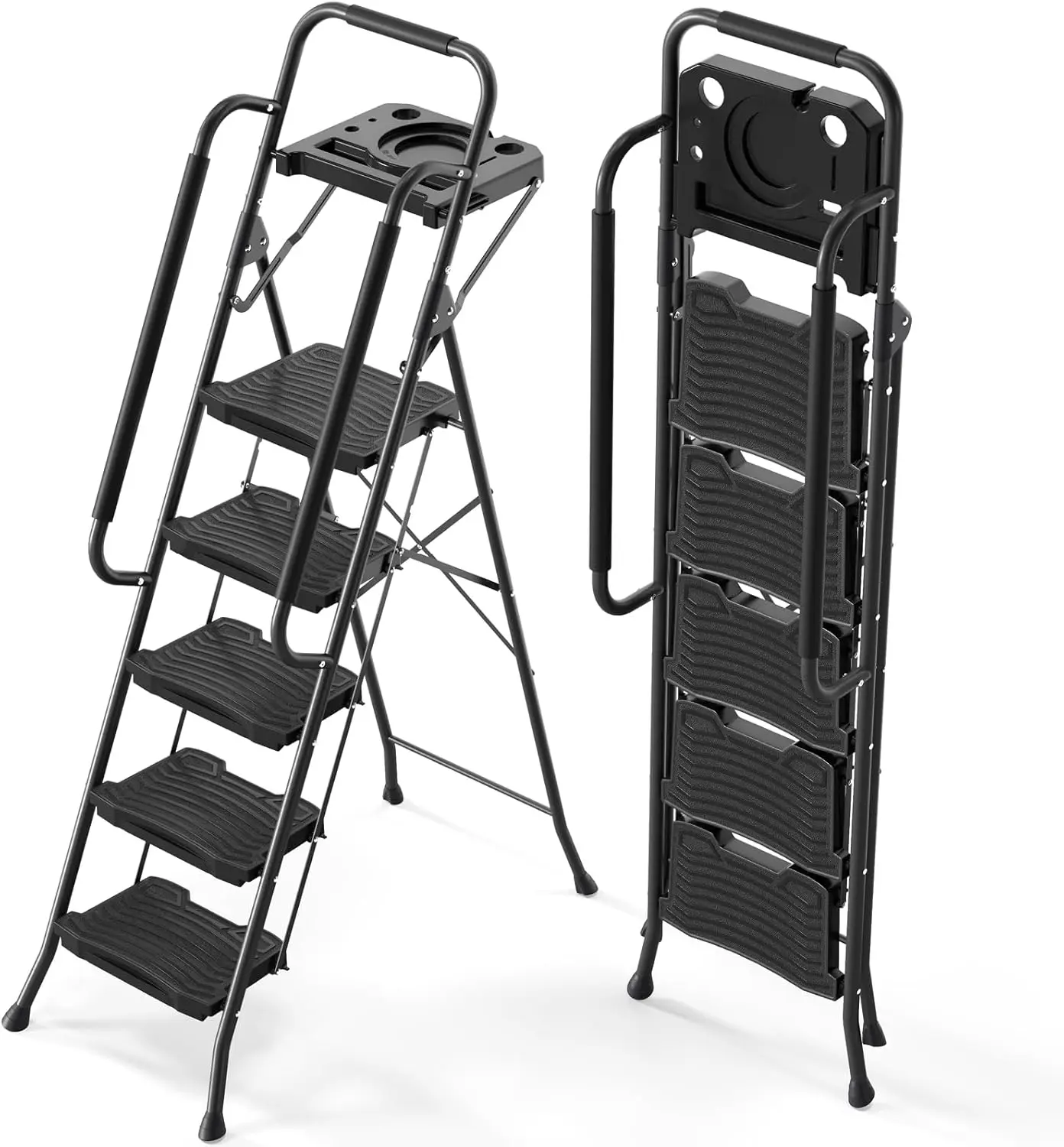 5 Step Ladder with Tool Platform, 900 lbs Sturdy Step Stool with Handrail, Folding Steel Ladder with Wide Pedal, Safety Ladder f