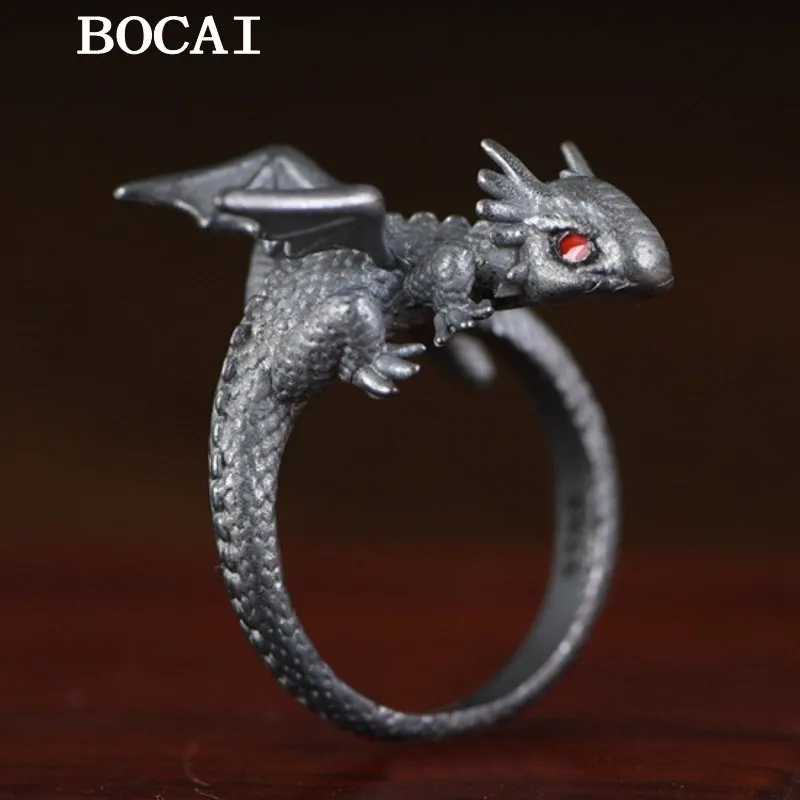 

BOCAI NEW S925 Silver Vintage Personalized Trendy Lizard Open Ring Gift for Men and Women