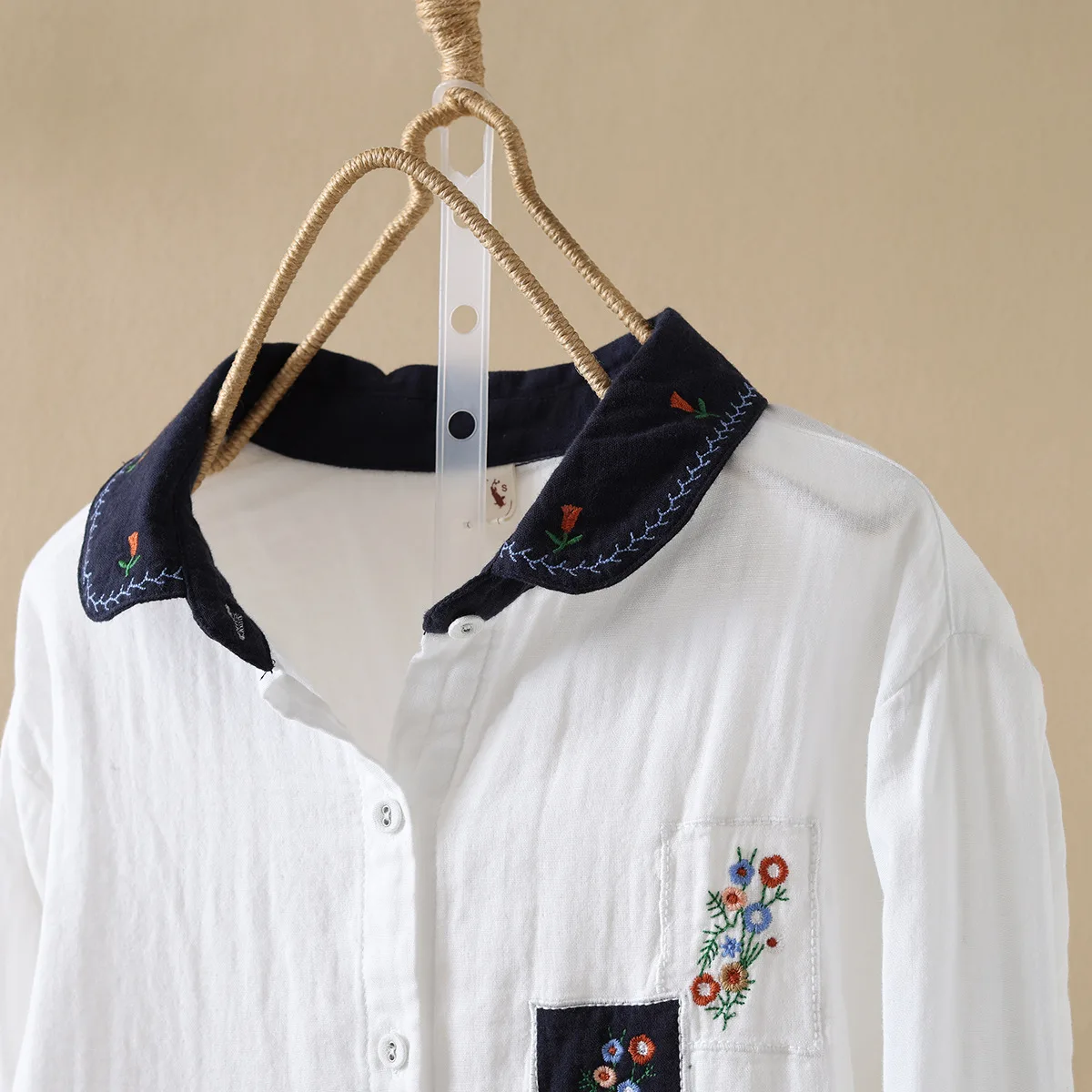 

New 2026 Autumn Women Cotton Yarn Long Sleeve Shirt, Turn-down Collar Embroidery, Mori Girl Versatile Soft Loose Blouse T66219CC