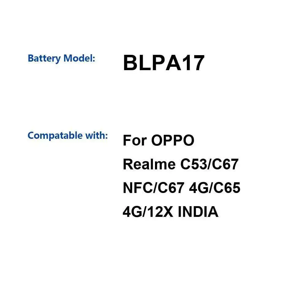 

Долговечный аккумулятор для мобильного телефона BLPA17 5000 мАч для Oppo Realme C53 C67 Nfc 4G C65 12X India Safe