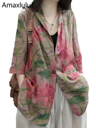 Amax LuluE Summer Fashion Jackets Womens Loose Printed Luxury Blazers Ladies Casual Floral Linen Coats Classic Elegant Clothes