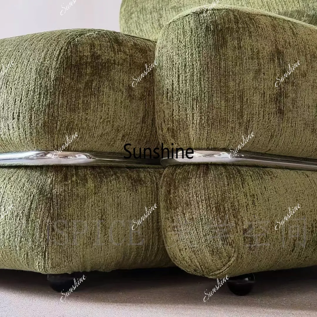 Retro olive green single sofa, stainless steel chenille lounge chair