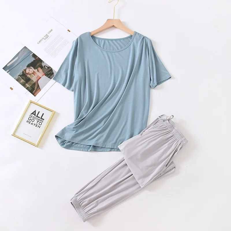 2024 spring and summer female modal pajamas two-piece short-sleeved trousers color large-size breathable casual home service set