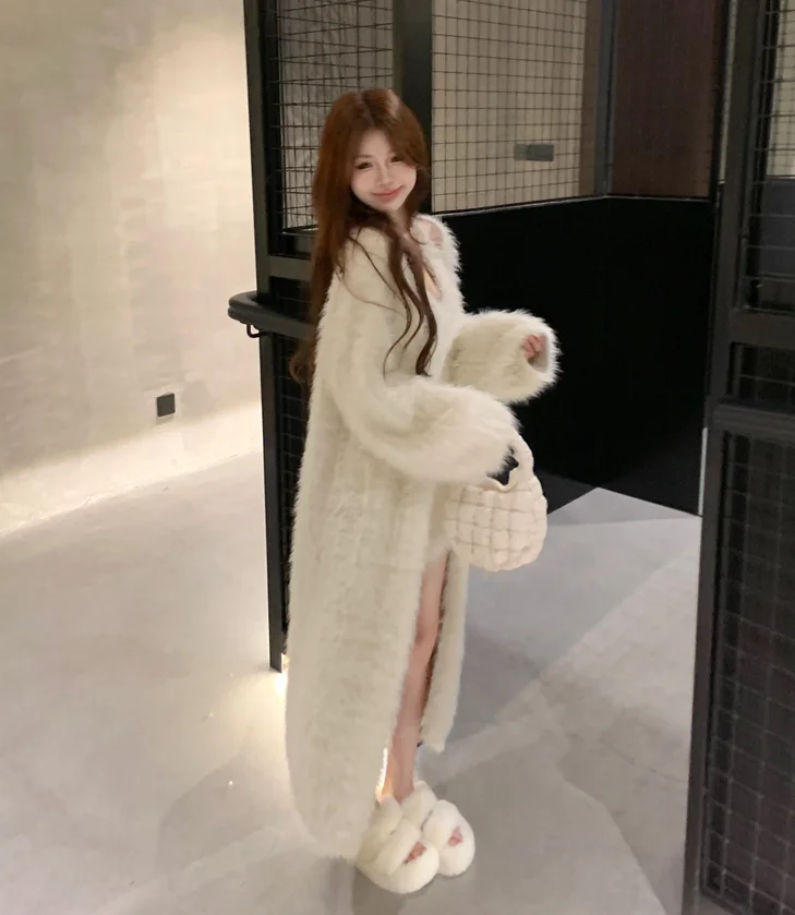 Romantic Winter Thickened Long Over-Knee Mink Sweater Coat Gentle Outerwear Female Loose Fit V-Neck Long Sleeve Coat
