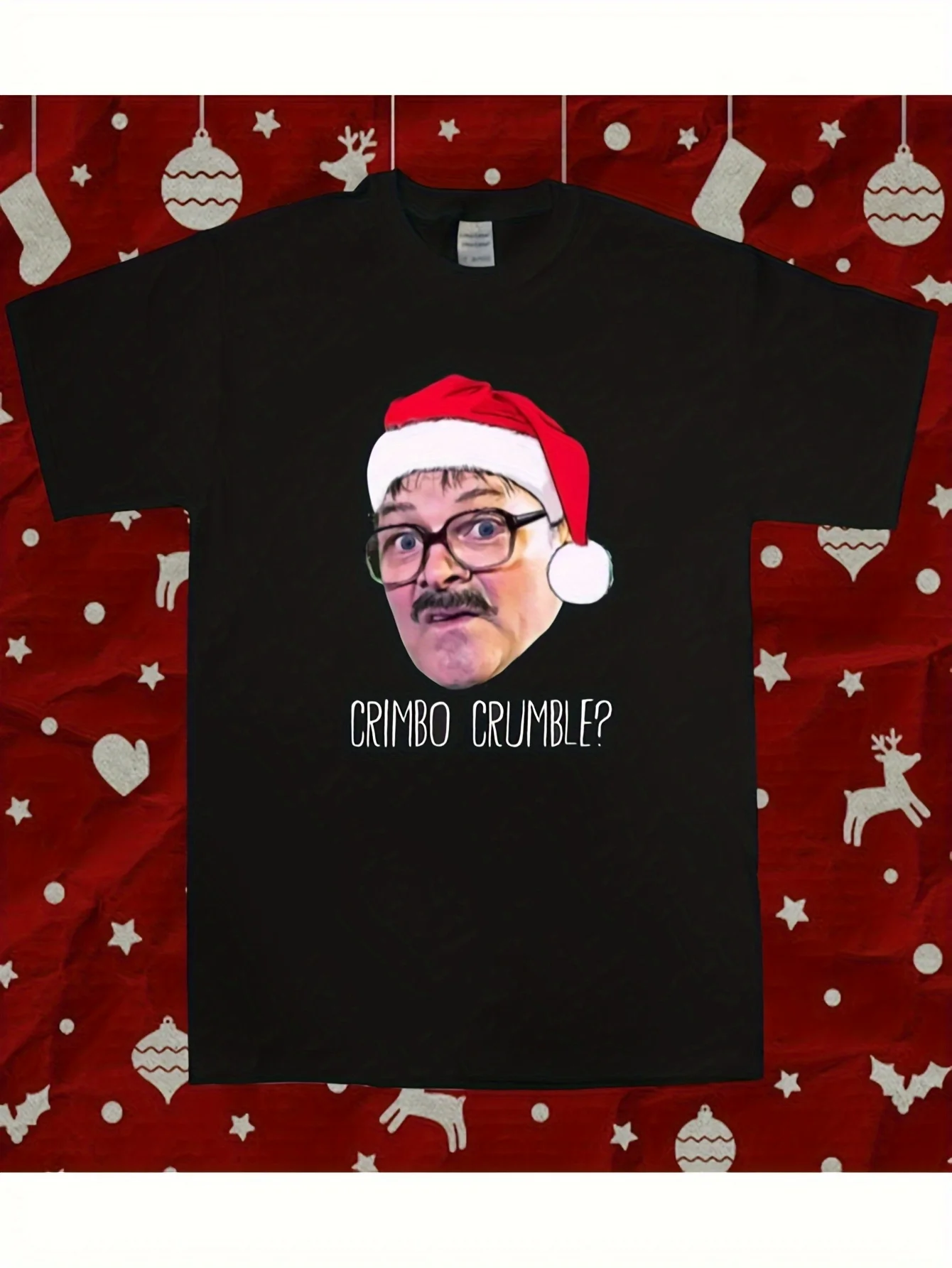 T-shirt pour homme et femme, drôle, sur le thème de l'émission télévisée Friday Night Dinner de Jim Davidson - Crimbo Crumble Jim Tribute, noir avec imprimé blanc, tee-shirt rétro de comédie pour les fêtes de Noël, les cadeaux et les tenues décontractées (taille unisexe)