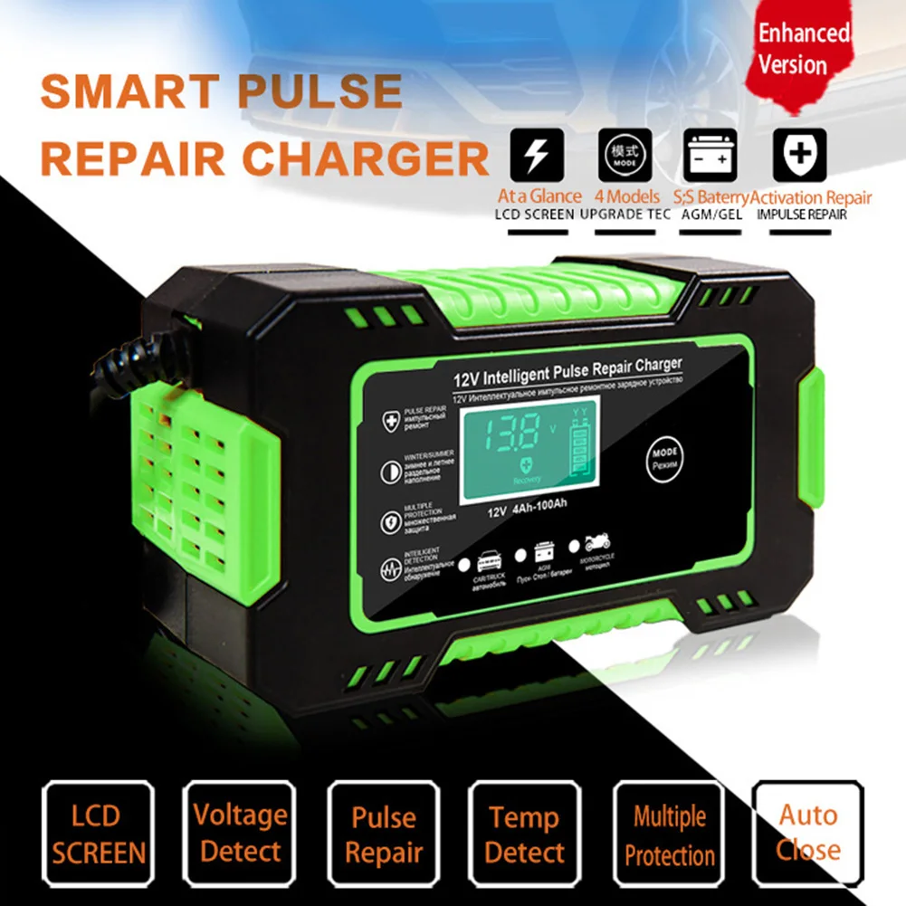 12V/6A Car Battery Charger Battery Maintainer With LCD Display Temperature Monitoring Pulse Repair Charger For Lead-Acid Battery