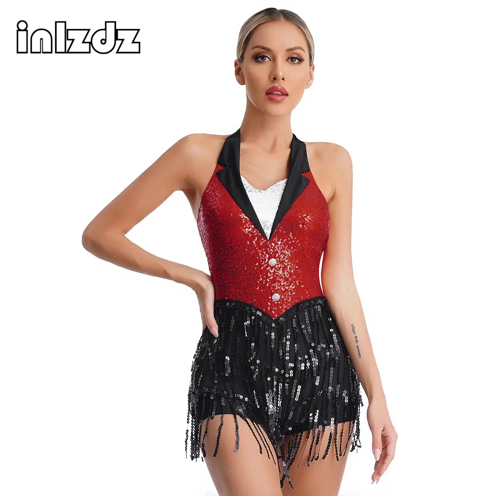 

Womens Latin Dance Dress Sequins Fringed Bodysuit Ballroom Competition Tango Cha Cha Rumba Leotard Dresses Performance Costumes