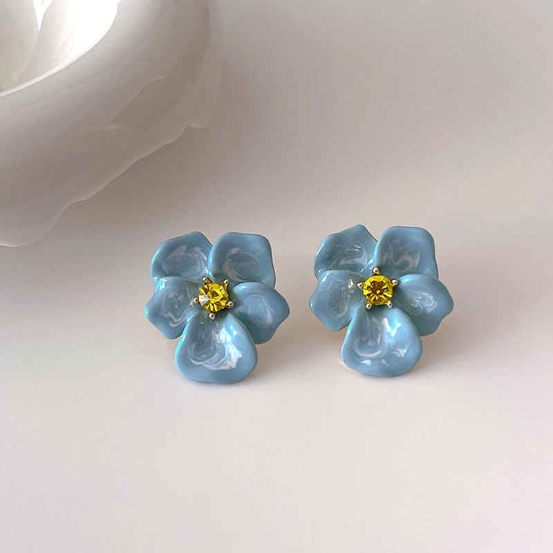 Metal Flower Blue Enamel Petal Post Earrings For Women Fashion Jewelry Elegant Holiday Accessories Fancy New Styles Gifts C1654