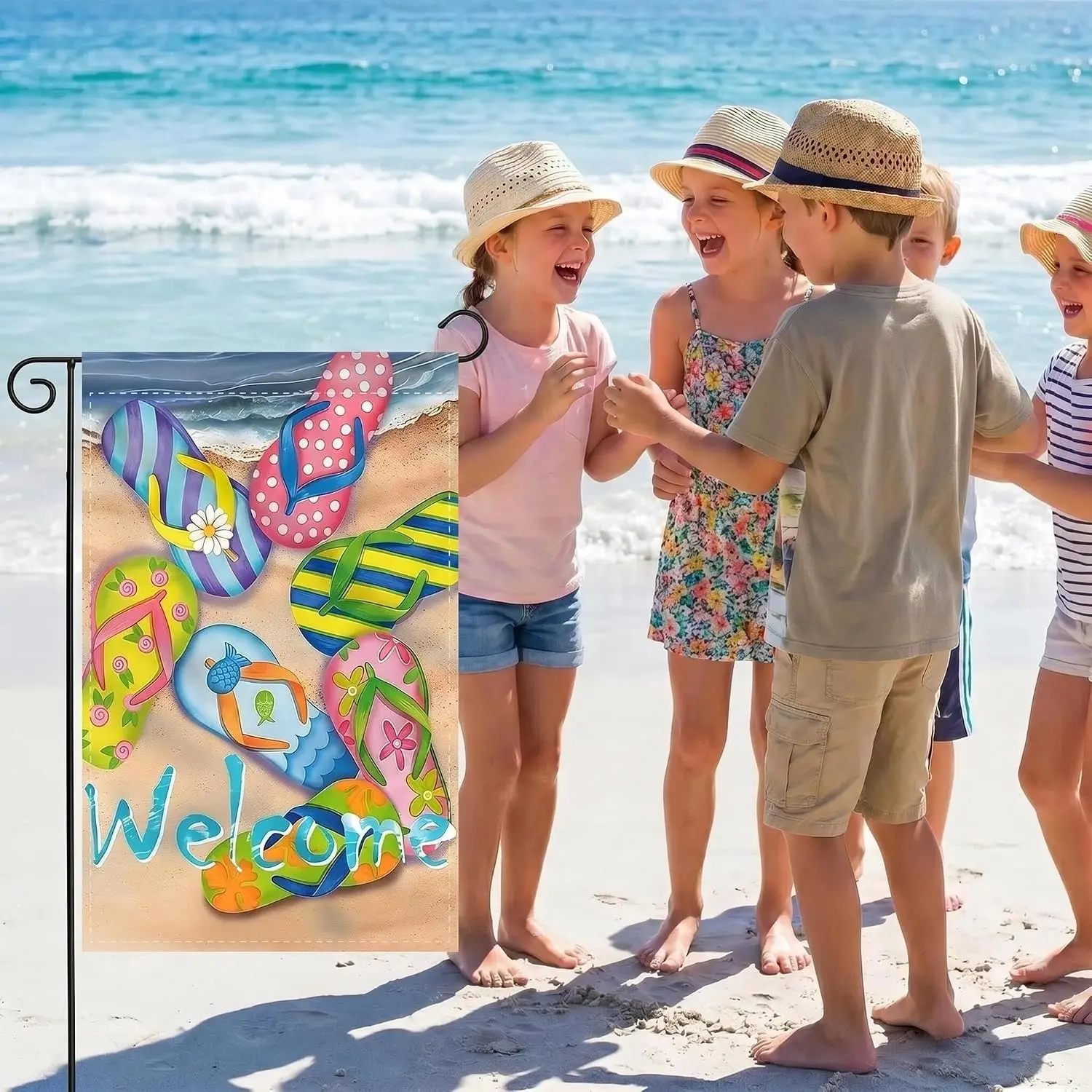 Beach Garden Flags for Outside Summer 12x18in Double Sided, Flip Flop Yard Flag Burlap, Welcome Coastal Ocean Decorative Out xxl