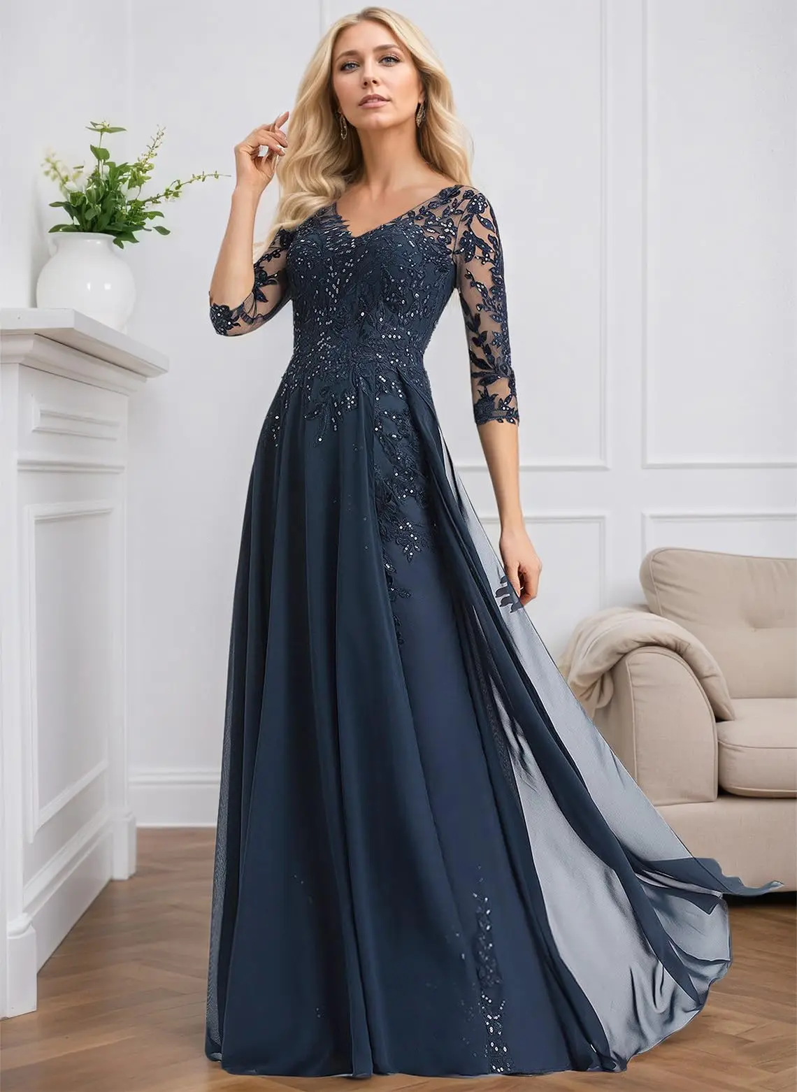 Spitzenapplikationen Kleider für die Brautmutter, 3/4-Ärmel, Chiffon, lange Kleider für die Brautmutter für die Hochzeit