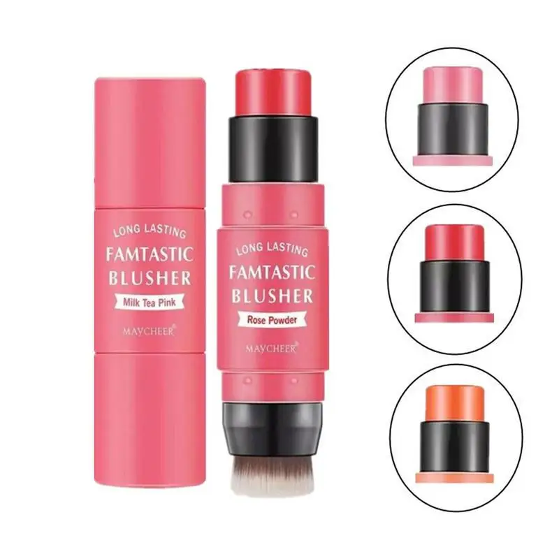 Double-headed Blush With Brush Stick Face Moisturizing Brighten Powder Blusher Peach Orange Creamy Rouge Sticks Makeup 3 Colors