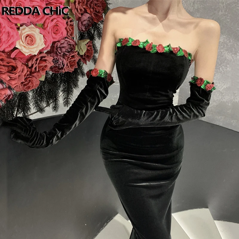 

REDDACHiC Sequined Rose Corset Long Dress Arm Sleeves Women Vintage Velvet Gloves Backless Split Evening Dress Formal Party Gown