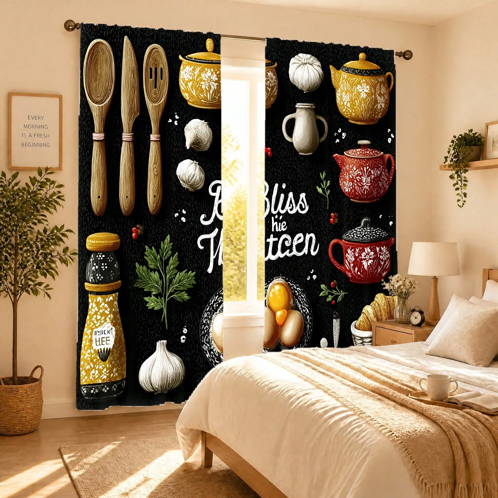 Vintage Kitchen Curtains, Black Background Teapot Herb Print Drapes, Farmhouse Cooking Decor for Dining Room Window Treatment