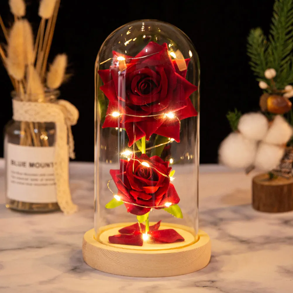 

Exquisite Glass Dome Rose Decor with LED Illumination Warm White Light Non-Wilting Fake Flower for Home Office Interior Design