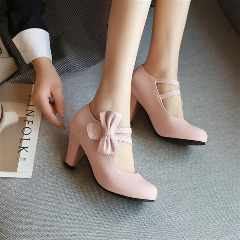 Girls Princess Shoes Woman High Heels Pink White Black Bowtie Ladies Strap Fashion Heel Pumps Party Wedding Shoes Big Size 34-43