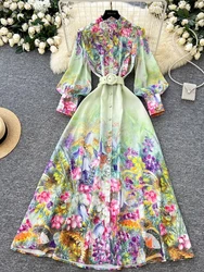 France Elegant Vintage Palace Evening Dress Women Sashes Button Print Long Party Dress Female Casual Chic Festival Clothing New
