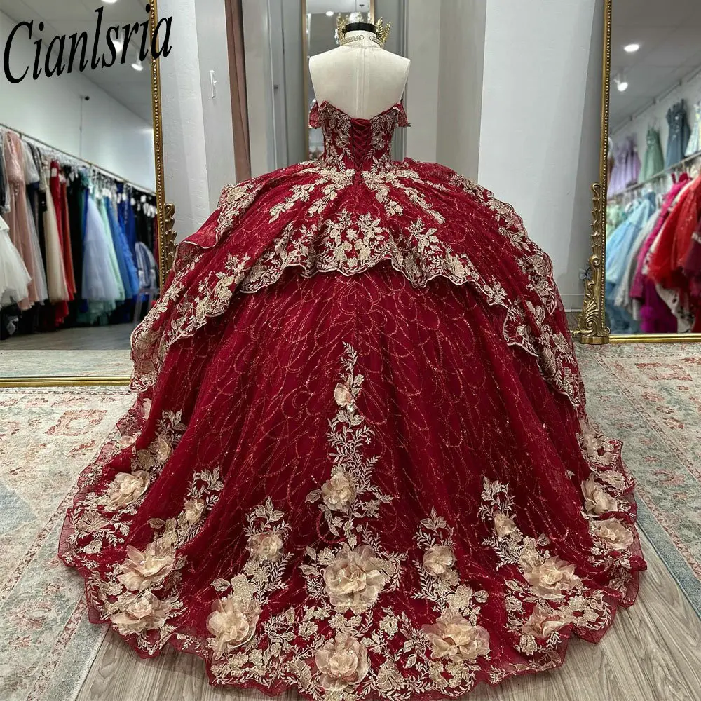 

Красное бальное платье с блестками и оборками, платья Quinceanera, золотые 3D цветы, аппликации, кружево Sweet 16, Vestido De 15 Anos