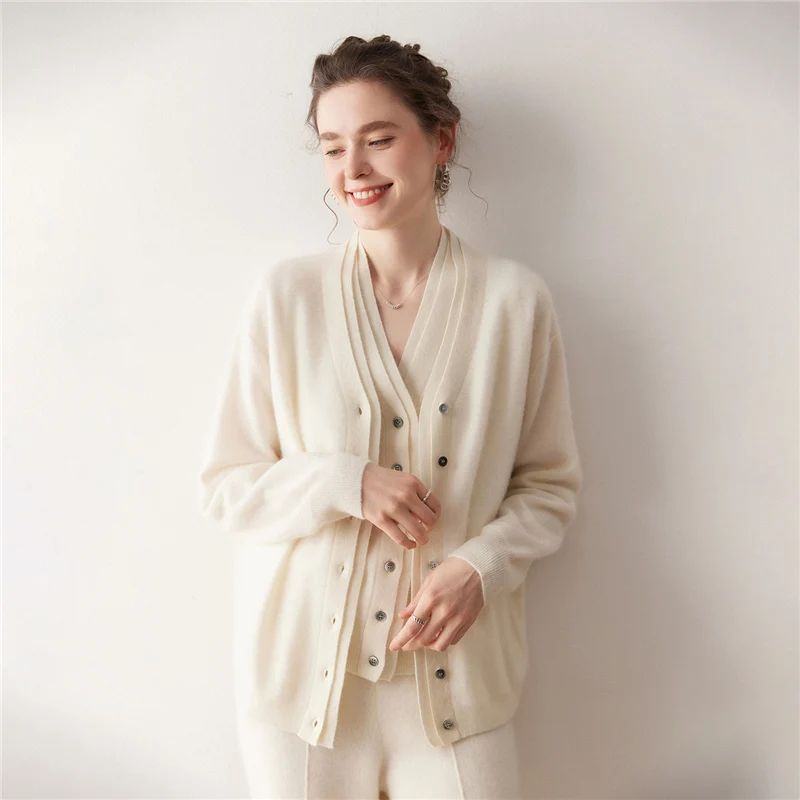 

Chic Women's V-Neck Button Sweater Grace Office Lady knitted Cardigan Luxury Autumn Winter 100% Cashmere New Casual Loose Tops