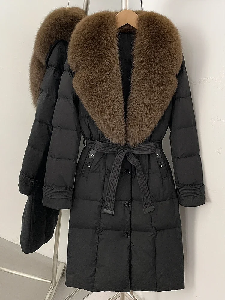 2025 New Winter Female Real Fox Fur Long Clothes Women Luxury Fashion Puffer Jacket Belt Thickened Warm Natural Fur Duck Down