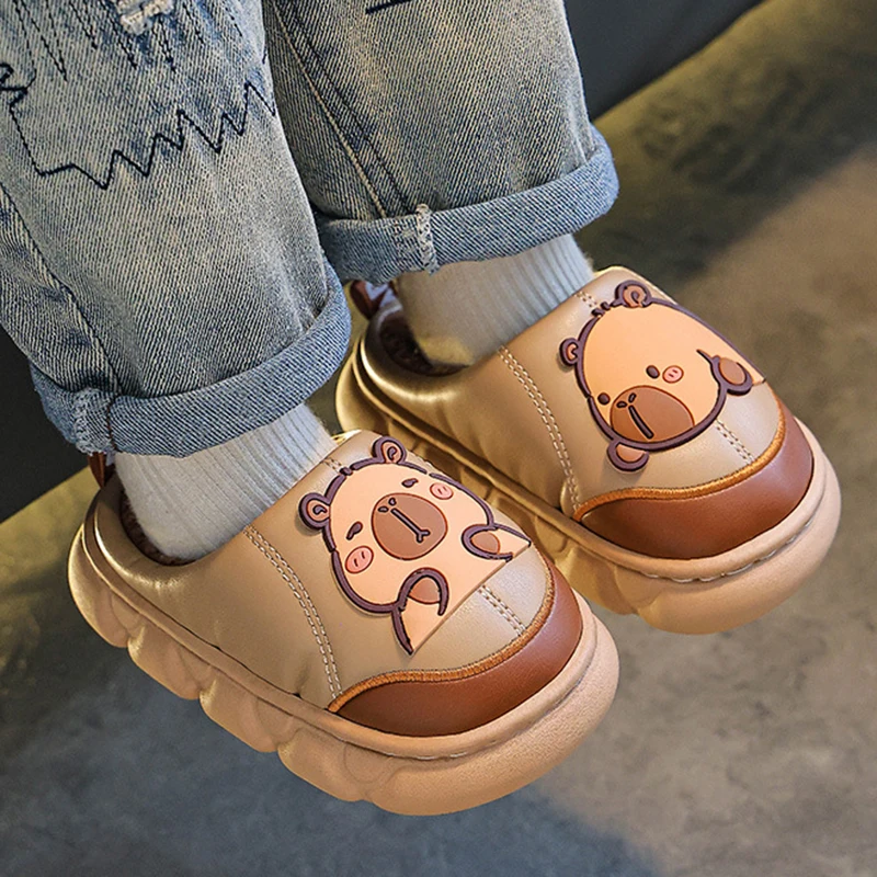 

Детские непромокаемые хлопковые тапочки, зимние нескользящие домашние шлепанцы на толстой подошве, детские домашние теплые мягкие плюшевые тапочки, женские