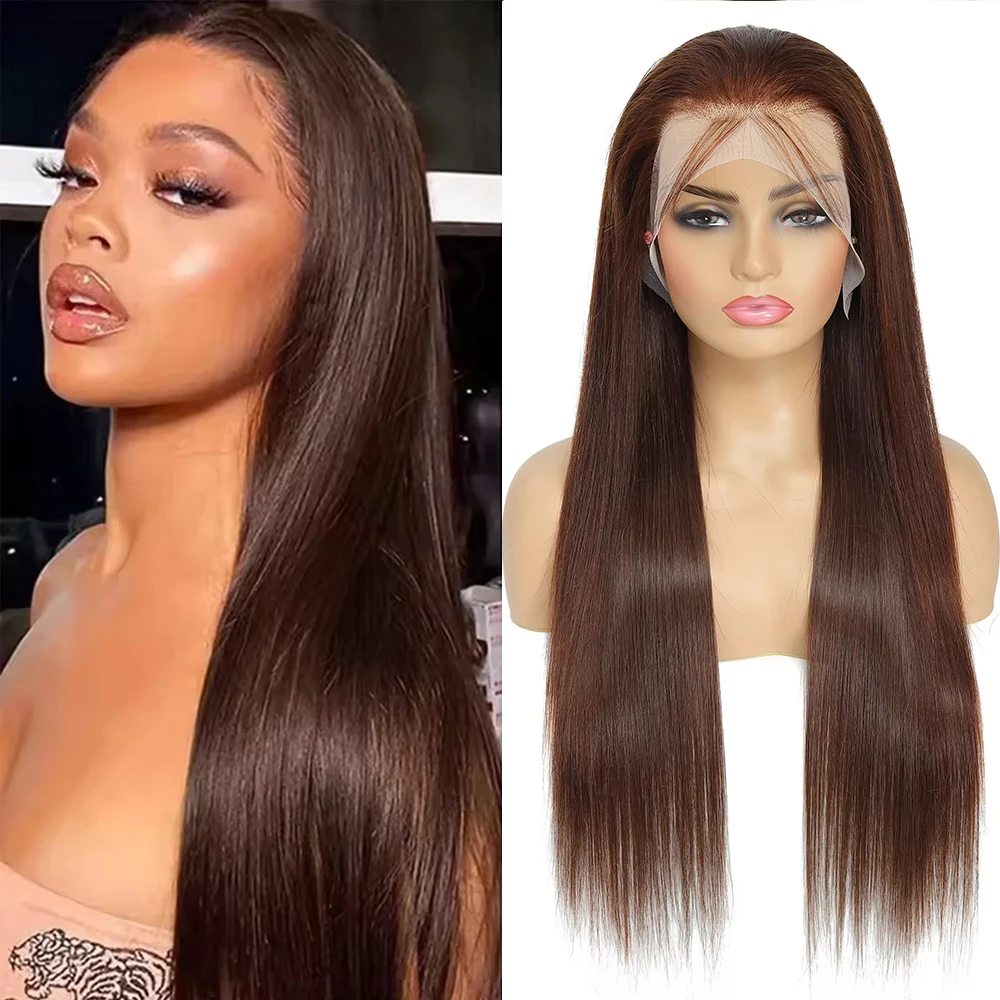 

36 Inches Chocolate Brown Straight Wigs Human Hair 13x4 13x6 HD Lace Frontal Human Hair Wigs For Women #4 Colored