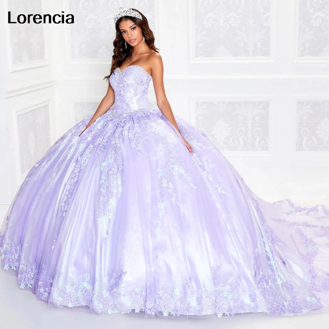 

Lorencia Lilac Lavender Quinceanera Dress Ball Gown Lace Applique Beading Crystal With Cape Sweet 16 Vestidos De 15 Años YQD794