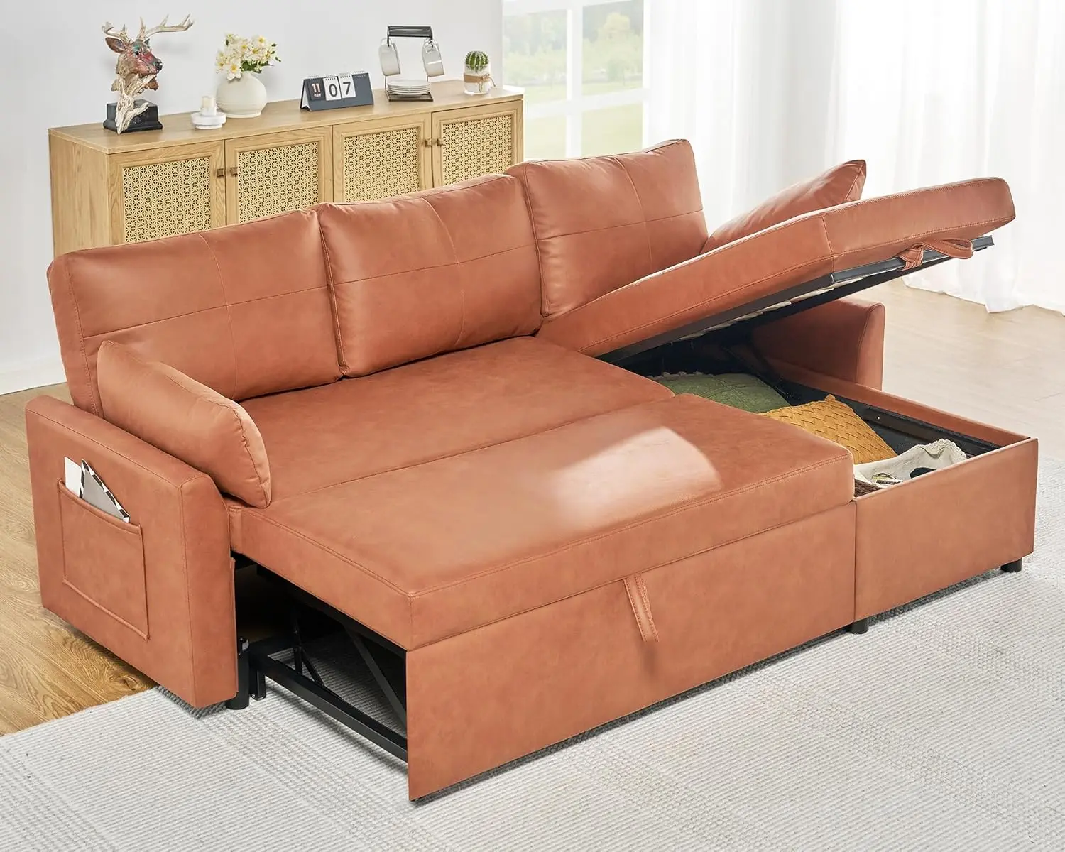 with Storage Chaise, Sofa Sleeper Couch for Living Room, Brown Leathaire Sofa