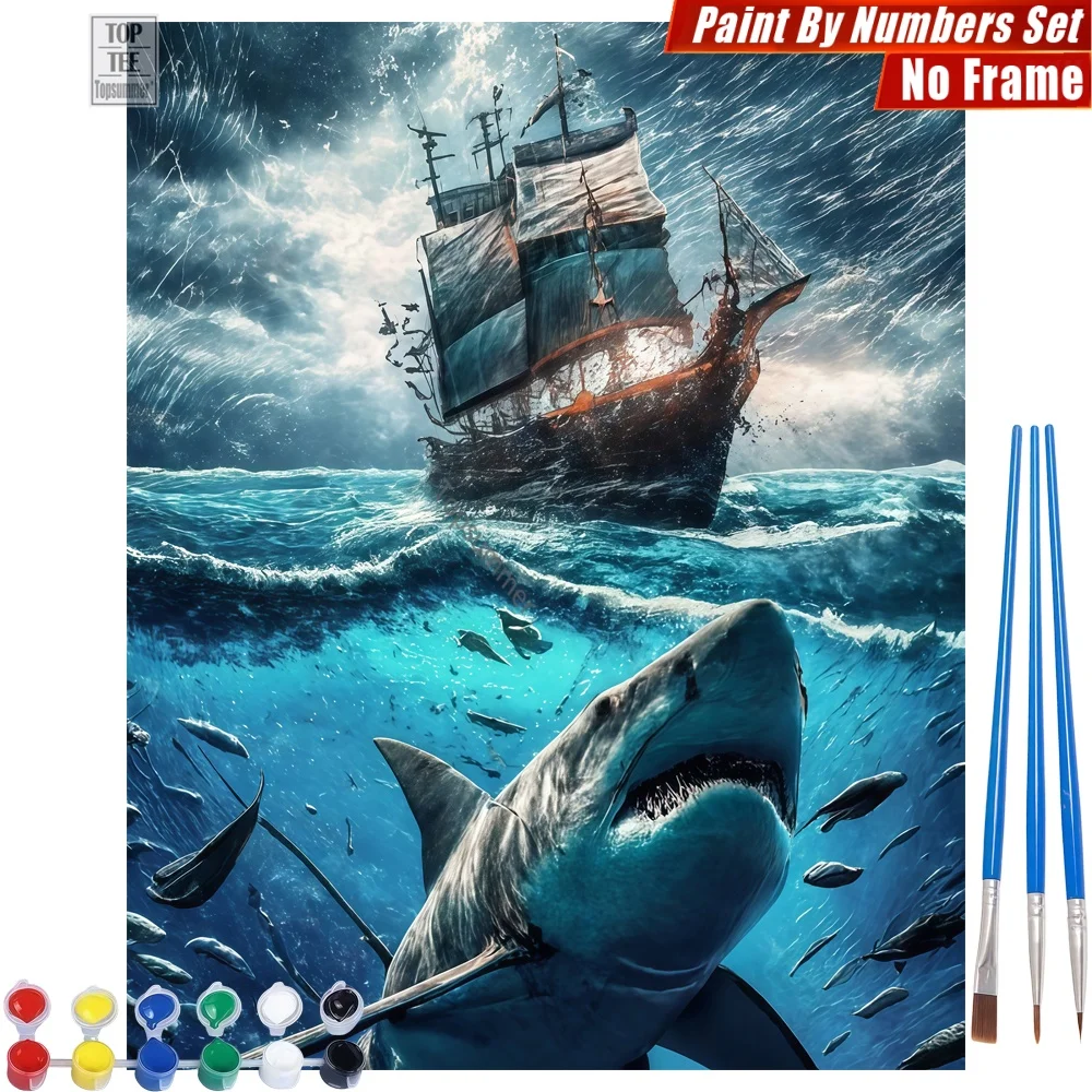 

Shark Ancient Ship Digital Oil Painting Set - Shark Ship Storm Family Gatherings Halloween Gift For Dad