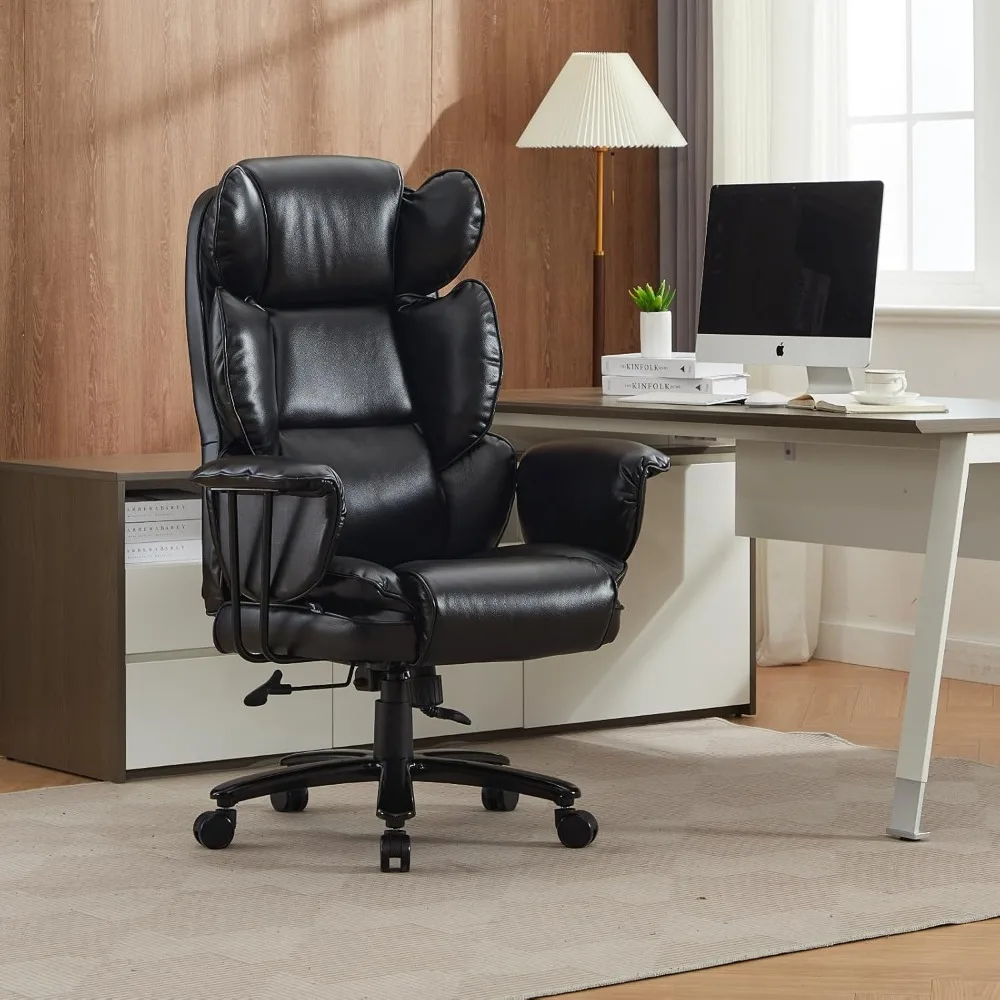 كرسي مكتب كبير وطويل بوزن 500 رطل، كرسي مكتب للأشخاص الثقيلين مع مقعد عريض ودعم قطني، جلد مريح عالي الظهر E