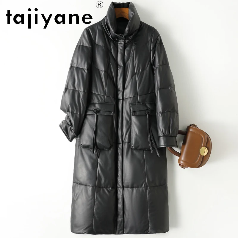 TAJIYANE 100% Skóra Owcza Pierwszej Warstwy Kurtka z Białego Puchu Gęsiego Damska Długa Kurtka Puchowa z Naturalnej Skóry 2025 Zimowe Ubrania Damskie
