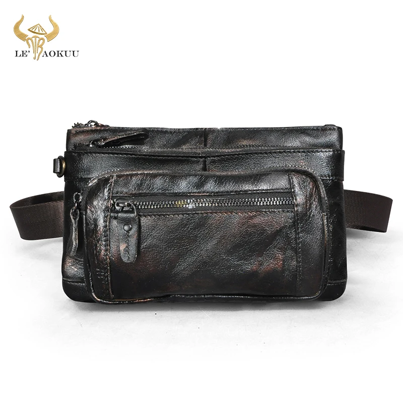 Original Genuine Leather men Coffee Retro Travel Waist Belt Bag Chest Pack Sling Bag Design 8\