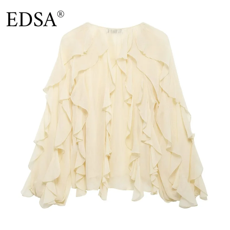 EDSA 女性半薄手のフリルシャツ V ネック長袖ブラウスボタンアップフロントファッション女性トップ