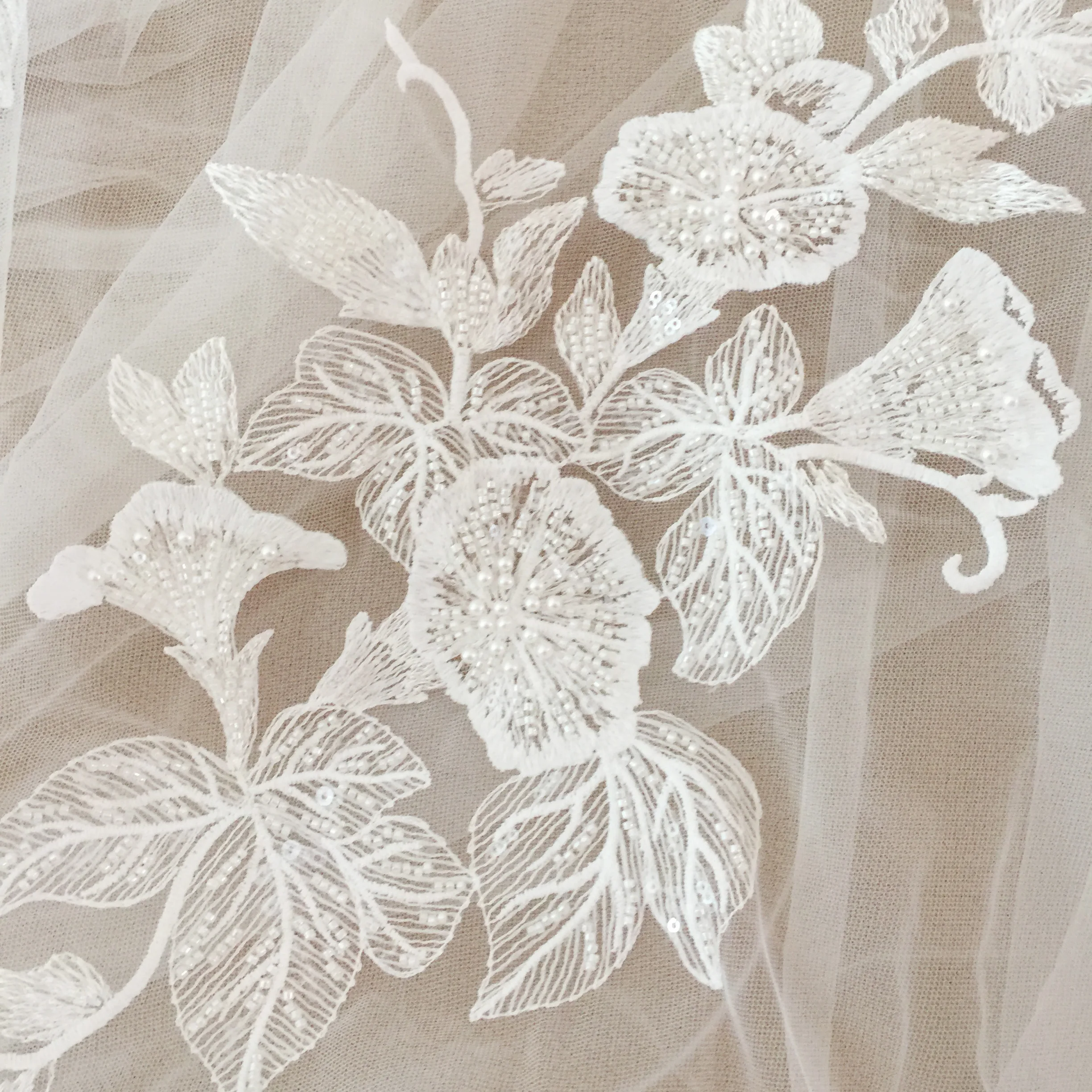 1 Yard 3D Pearl Beaded Flower Leaf Tulle Lace Fabric ,Couture Wedding Dress Bridal Lace Fabric by Yard