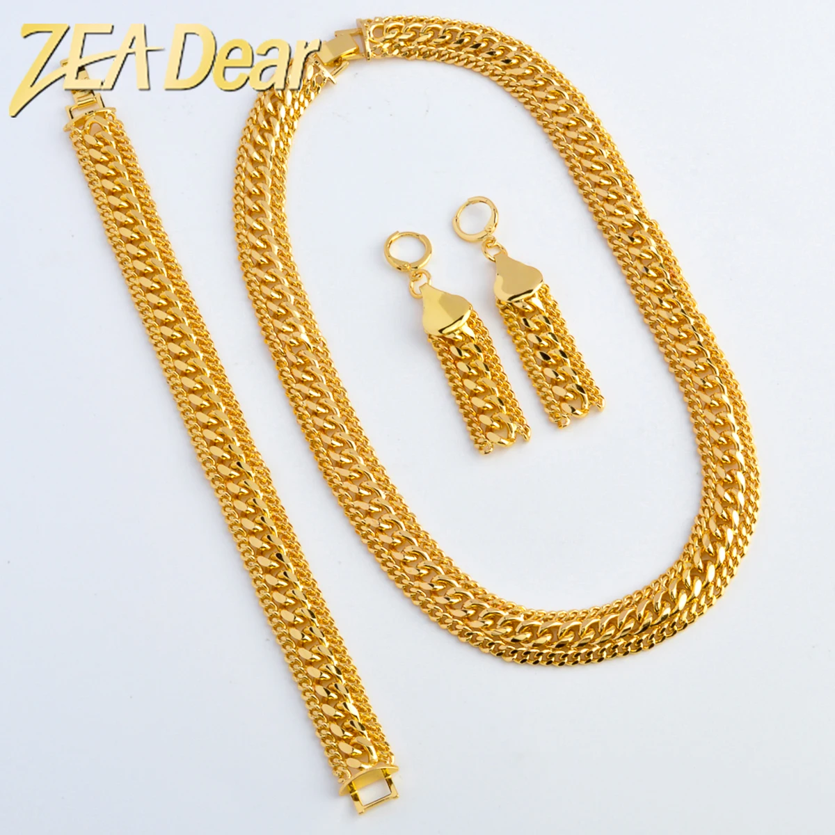 ZeaDear 14MM Miami Chain Sets Hip Hop Style Cuban Link Chain Hight Quality 18K Gold Plated 3 Pcs/Set Jewelry For Women 2024 New