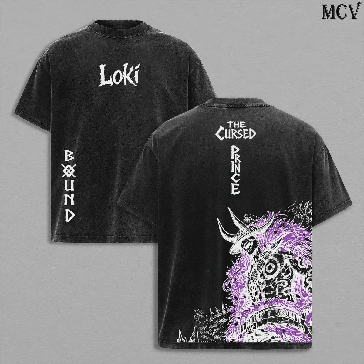 Image of Übergroßes Vintage-T-Shirt mit Wascheffekt, Loki, der verfluchte Prinz, Vorder- und Rückseiten-Print, Grafik-T-Shirts für Männer und Frauen, Gothic-Streetwear, lockere Baumwolle