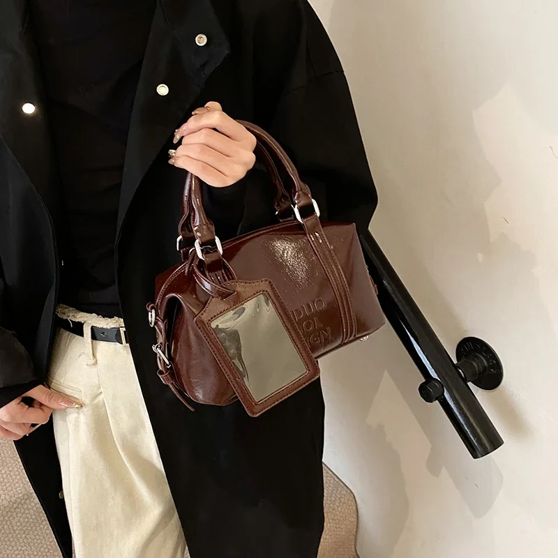 

Korean Trendy Designer Bowling Box Bag for Women Letter Pattern Boston Bag Retro PU Lady Handbag Female Crossbody Shoulder Bags