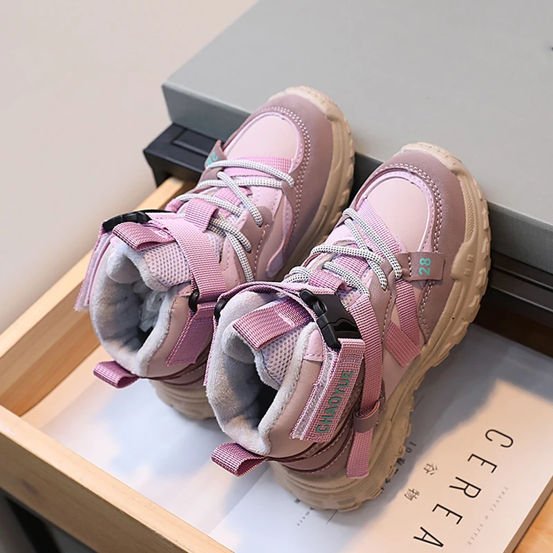 Brand Design High Top Hiking Sneakers For Kids Winter Warm Plush Lined Travel Shoes Girls Thick Sole Trainers Boy Sport Footwear