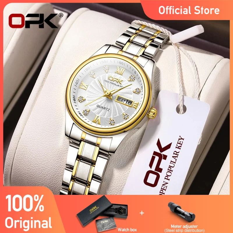 OPK 8103 Watch For Women Luxury Classic Original Quartz Watch Waterproof Ladies Watch Stainless Steel Dual Calendar Display