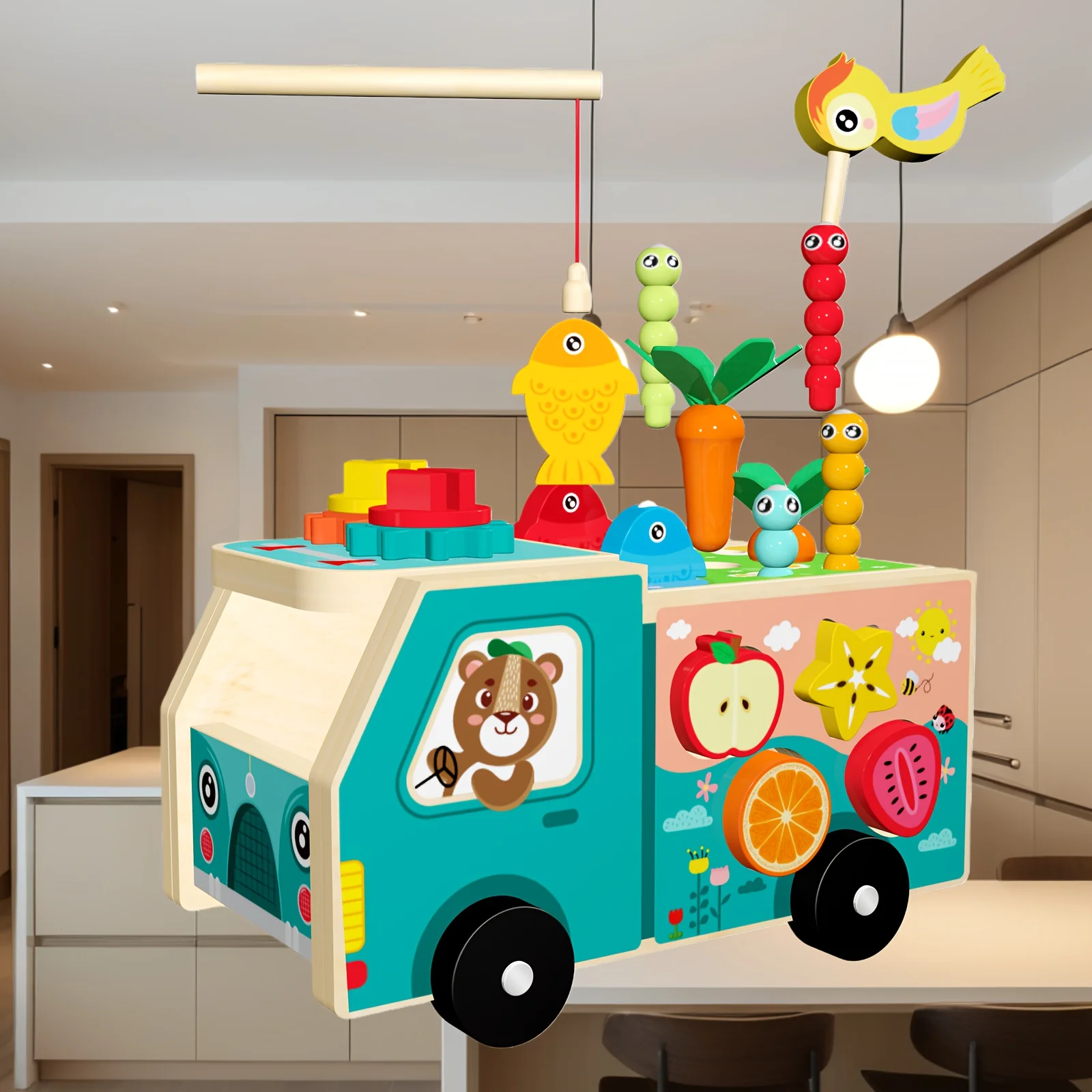 Kids Multifunctional Farm Truck Wooden Toy | Preschool Hammer Piano, Bug Catching, Radish Pulling | Educational Toys and Gifts