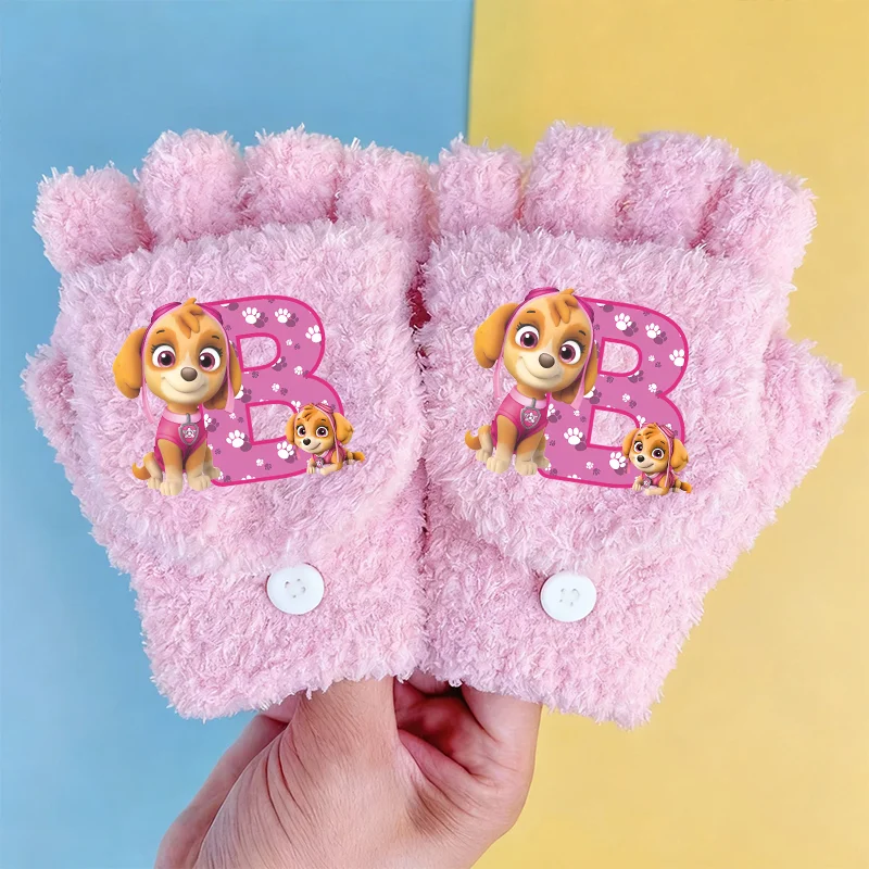 Paw Patrol Skye Gloves Children Cartoon Letter Half Finger Flip Glove Pink Winter Warm Soft Mittens Gloved Kids Birthday Gift