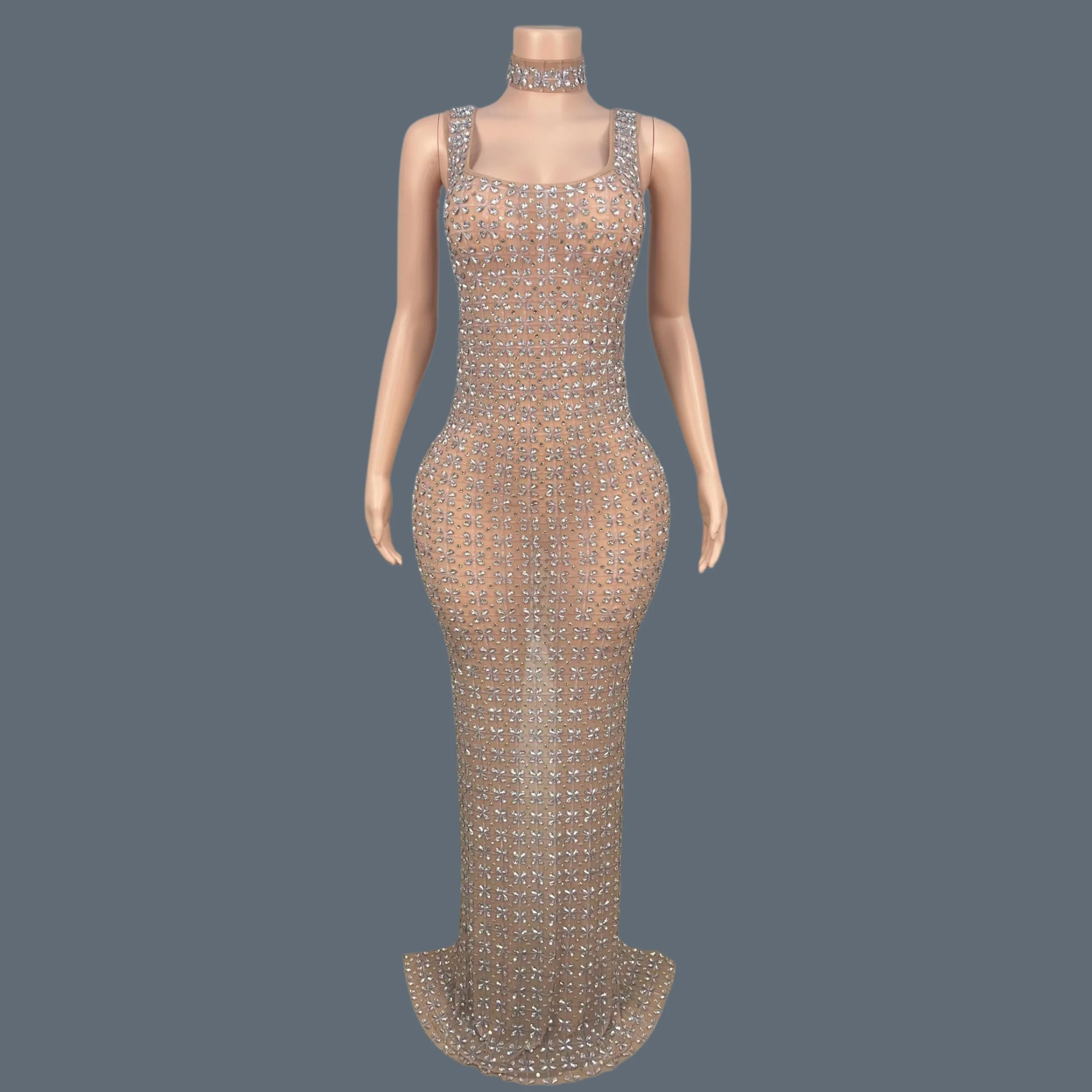 

Sexy Sleeveless Strapless Evening Gown Luxury Sparkly Crystals See Through Mesh Long Dress Party Prom Photo Shoot Wear Hanbing