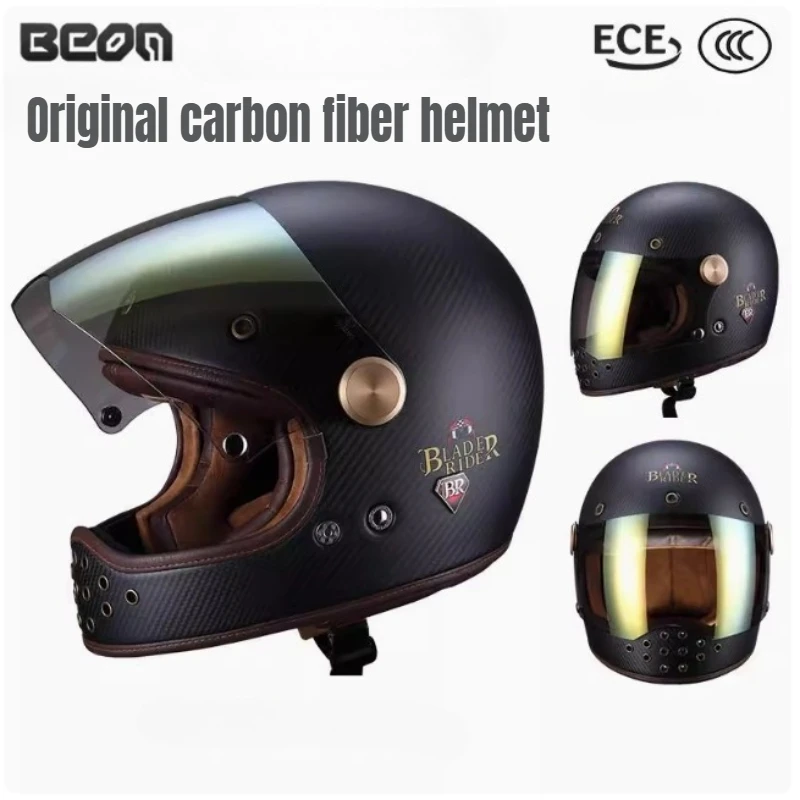 

HOT BEON Full Face Motocross Carbon Fiber Helmet BR50 Glassfiber Vintage Motorcycle Professional Retro Helmets DOT ECE Approval
