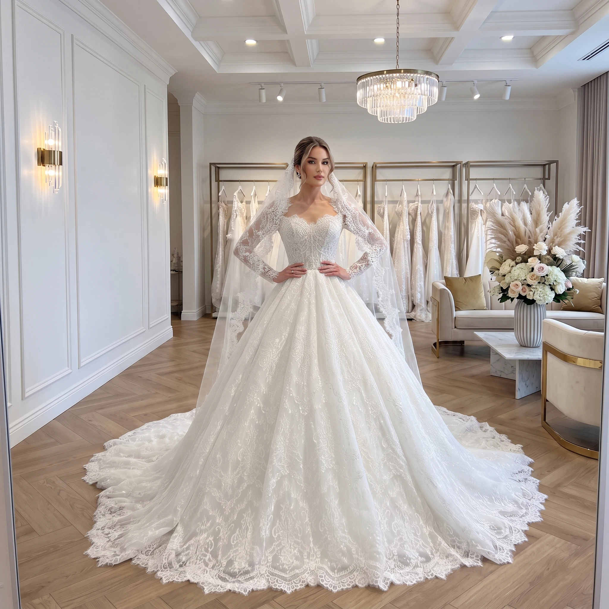 Sweetheart Long Sleeve Lace Wedding Dress For Bride Luxury Ball Gown With Cathedral Train Full Lace Bridal Gown Custom Made Plus