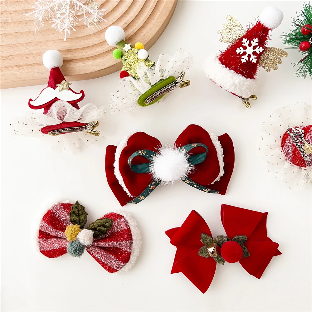 Christmas Deer Hairpin Women Fashion Bow Hair Clip Red Cute Elk Hairpins Side Clip Plush Snowflake Hair Accessories