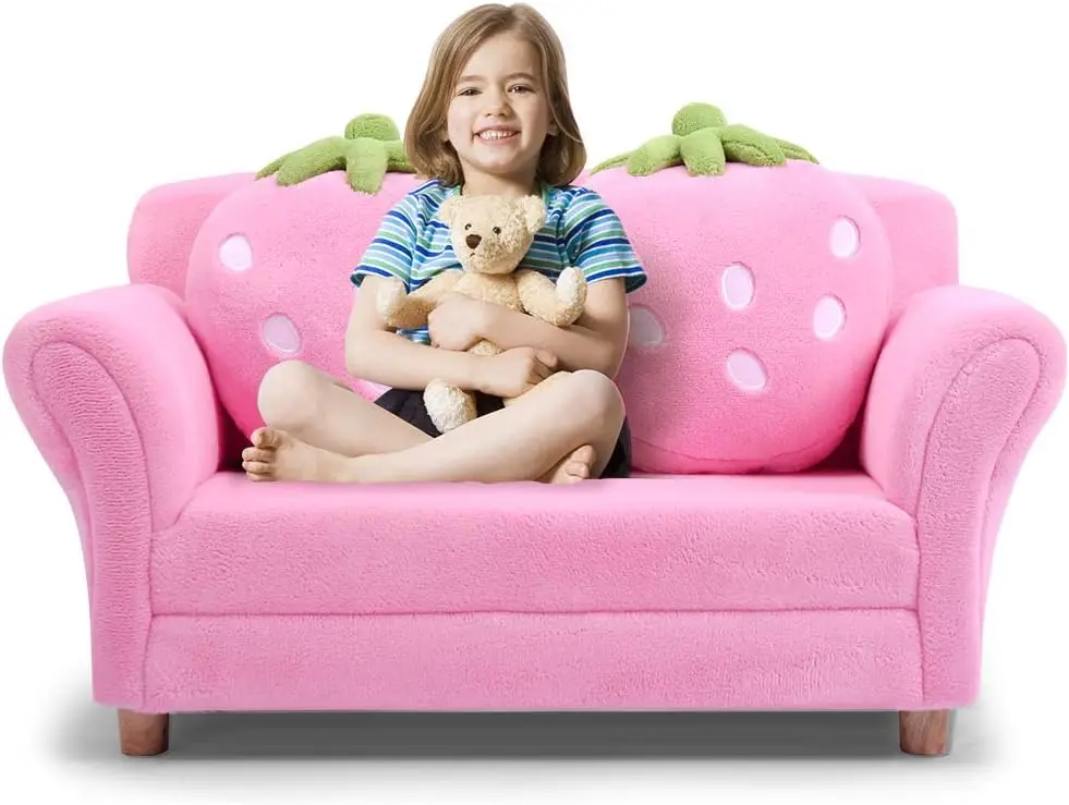 Toddler Couch with Two Strawberry Pillows, Children Upholstered Loveseat Lounge Bed, Coral Fleece Surface & Sturdy Wood Frame