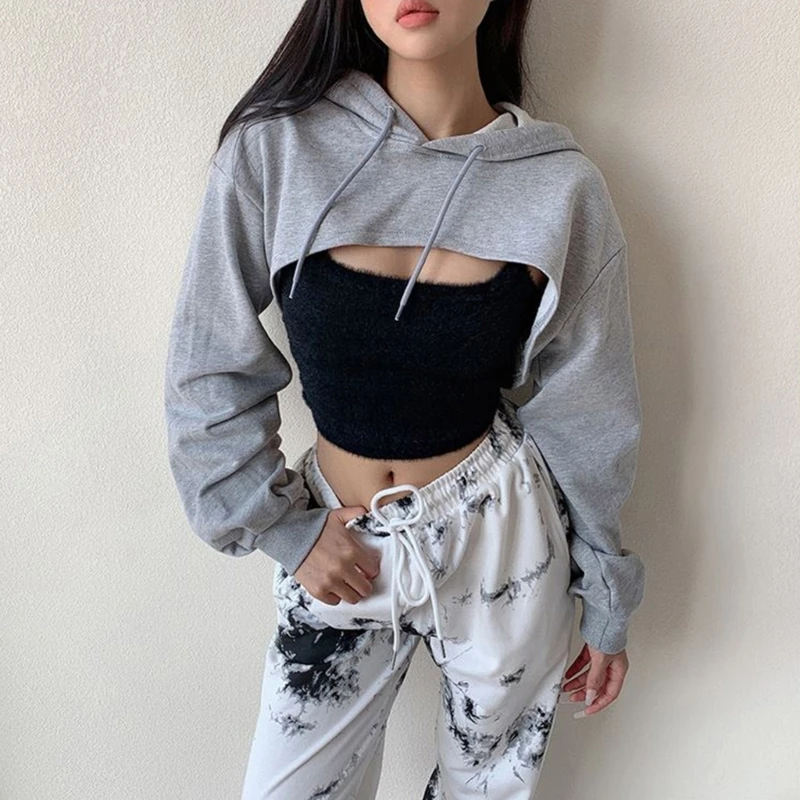 Women Long Sleeve Cropped Hoodies Sweatshirt Aesthetic Punk Dance Solid Color Casual Loose Pullover Super Crop Top Streetwear